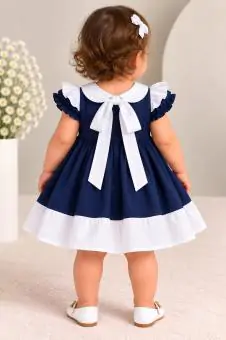 Vestido Infantil Menina Azul-Marinho com Gola Branca, Laço nas Costas e Barra Contrastante
